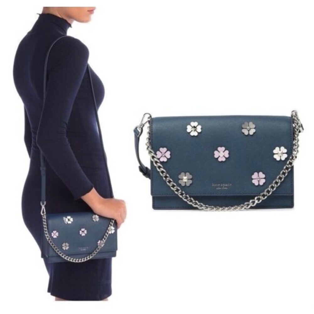 Kate Spade Cameron Floral Applique Navy Saffiano Leather‎ Crossbody Bag Silver